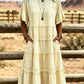 Vestido vintage em algodão e linho com estampado patchwork.