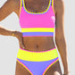✨Conjunto de biquíni desportivo de 3 peças em nylon, colorido e de alto contraste