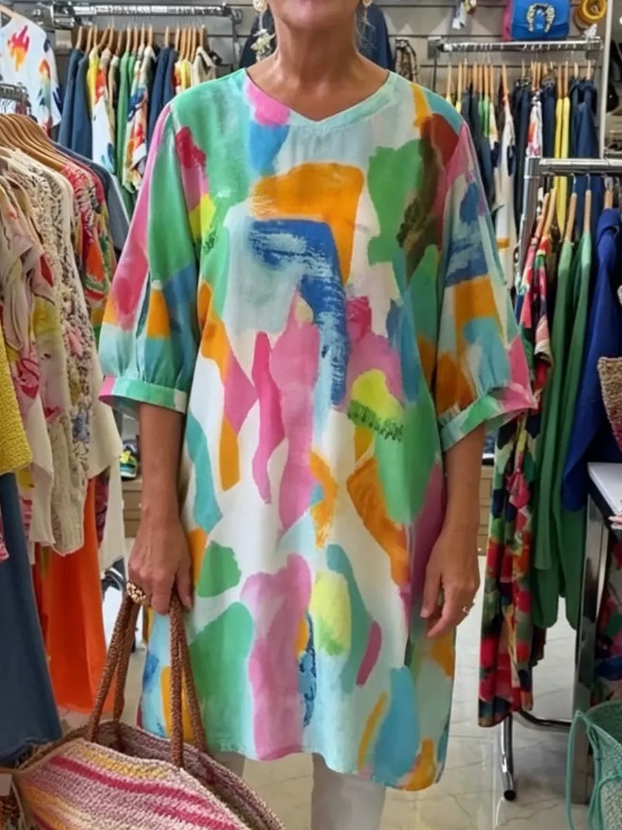 Camisa Longa em Algodão e Linho com Estampado Artístico em Aquarela e Decote em V