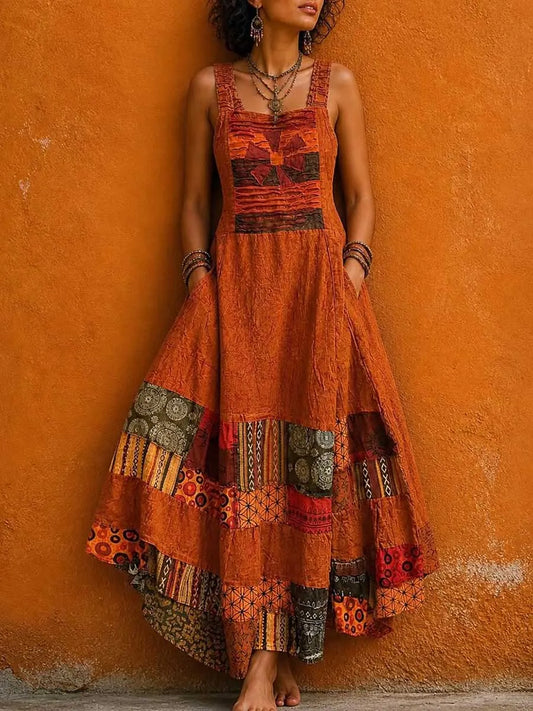 Vestido casual de menina vintage em algodão e linho, sem mangas, com decote quadrado e corte largo.