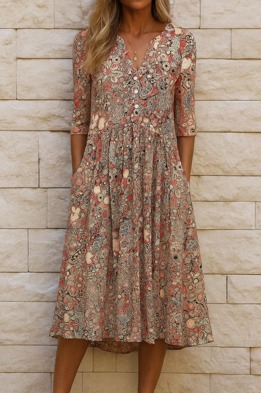 Vestido floral elegante com decote em V