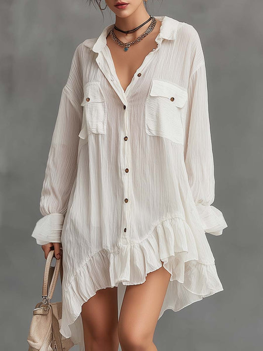 Vestido camiseiro retro oversized com babados