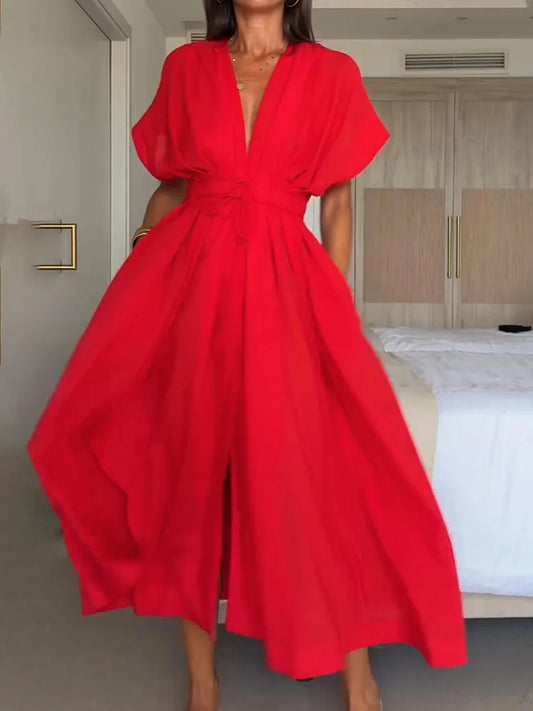 Vestido midi para mulher com decote em V e detalhe de atilhos