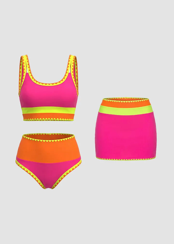 ✨Conjunto de biquíni desportivo de 3 peças em nylon, colorido e de alto contraste