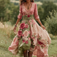 Vestido comprido vintage floral para mulher com decote em V em mistura de linho 2025
