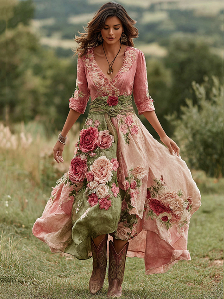 Vestido comprido vintage floral para mulher com decote em V em mistura de linho 2025