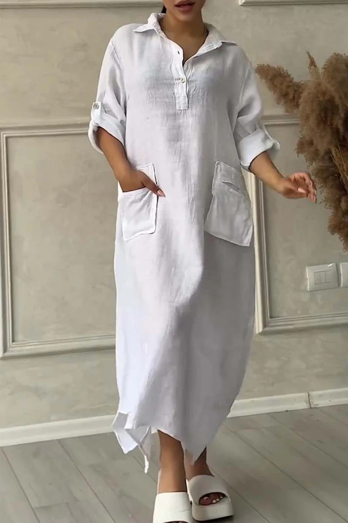 Vestido comprido de senhora em linho e algodão com lapelas