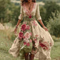Vestido comprido vintage floral para mulher com decote em V em mistura de linho 2025