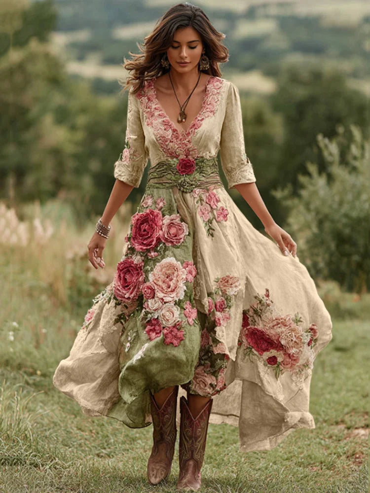 Vestido comprido vintage floral para mulher com decote em V em mistura de linho 2025