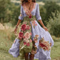 Vestido comprido vintage floral para mulher com decote em V em mistura de linho 2025