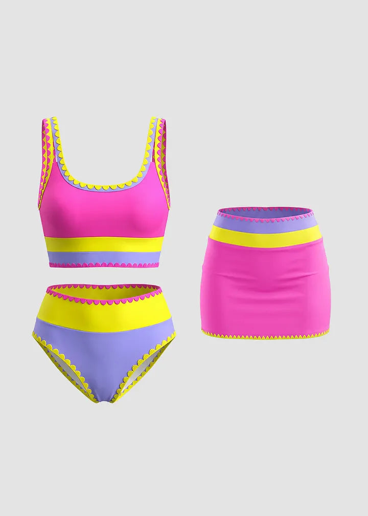 ✨Conjunto de biquíni desportivo de 3 peças em nylon, colorido e de alto contraste