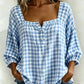 🌸Blusa de Mulher de Manga Curta em Mistura de Algodão e Linho, Estampado Vichy e Decote Quadrado