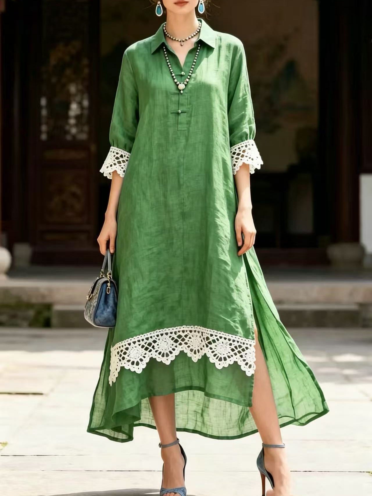 Vestido de renda patchwork em cor sólida emana elegância
