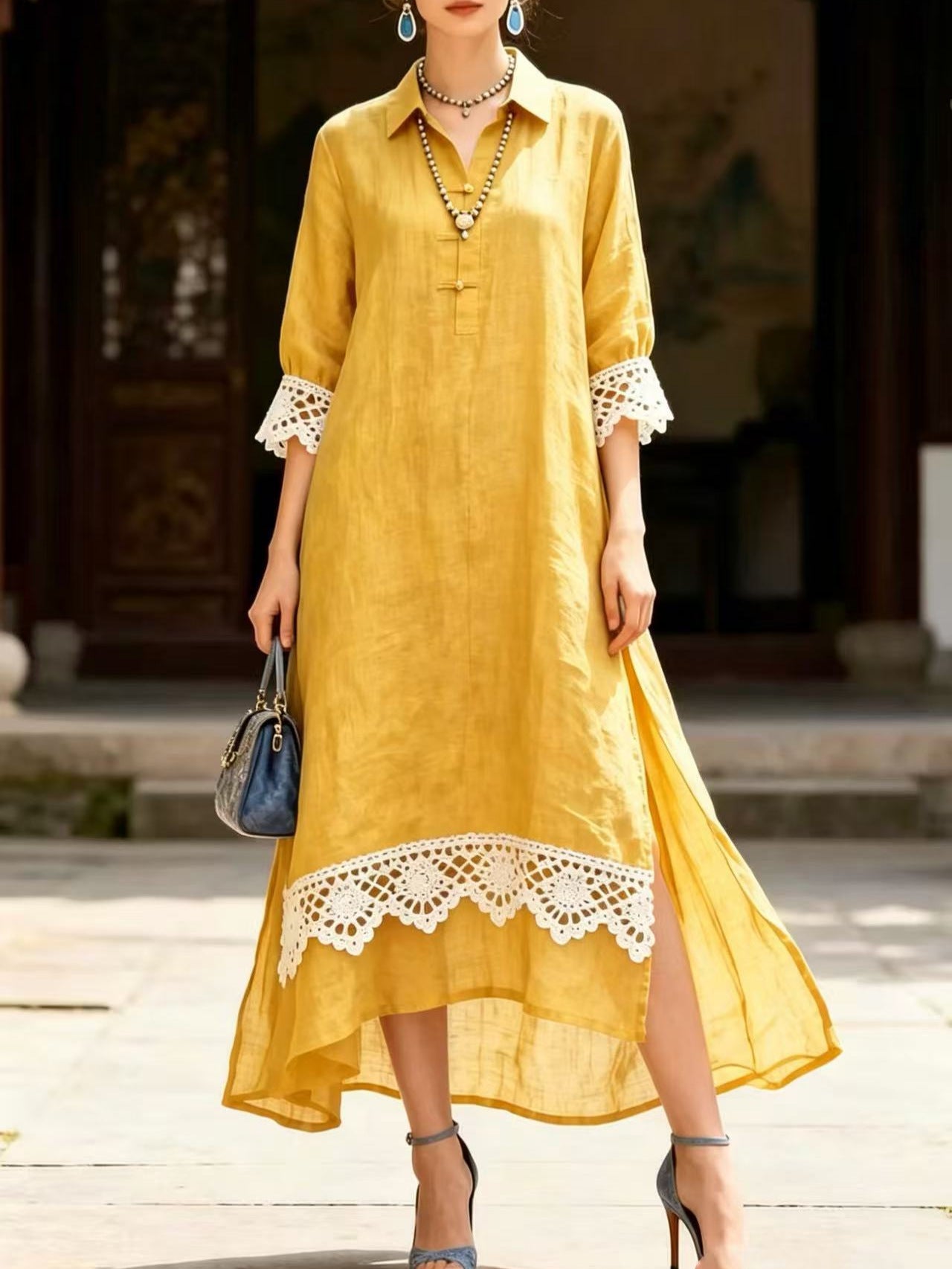 Vestido de renda patchwork em cor sólida emana elegância