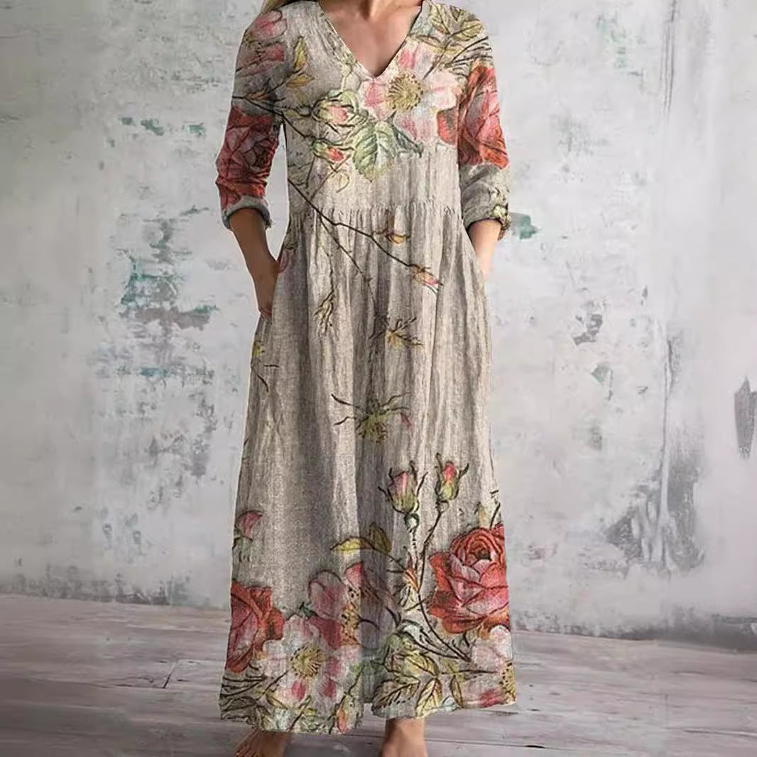 Vestido comprido floral para mulher com decote em V e mangas a três quartos