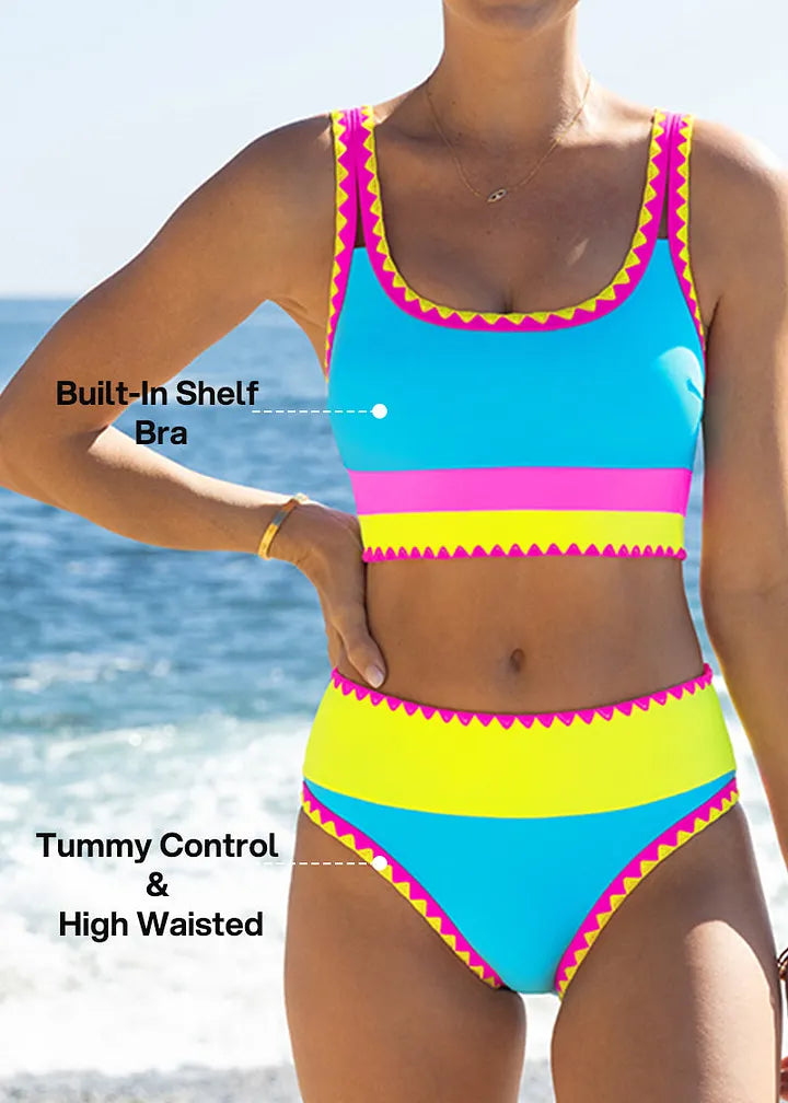 ✨Conjunto de biquíni desportivo de 3 peças em nylon, colorido e de alto contraste