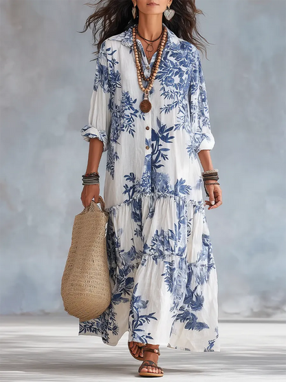 Vestido retro boho de algodão com estampado floral azul