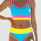 ✨Conjunto de biquíni desportivo de 3 peças em nylon, colorido e de alto contraste