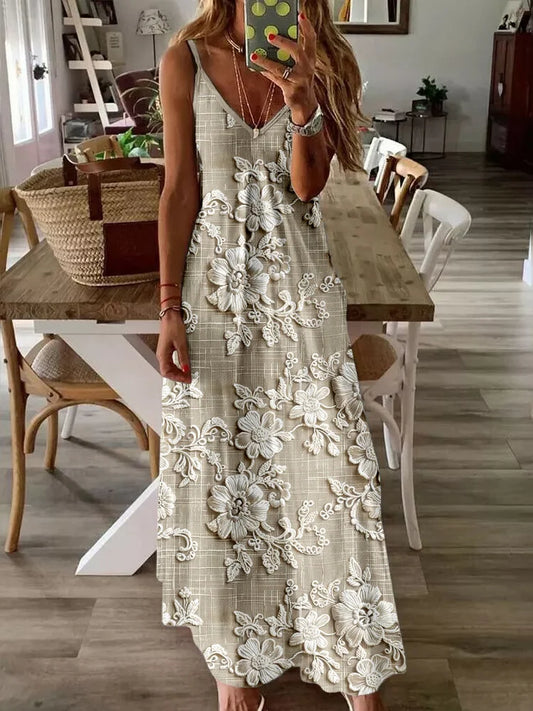 Vestido suspensório bordado com renda floral vintage