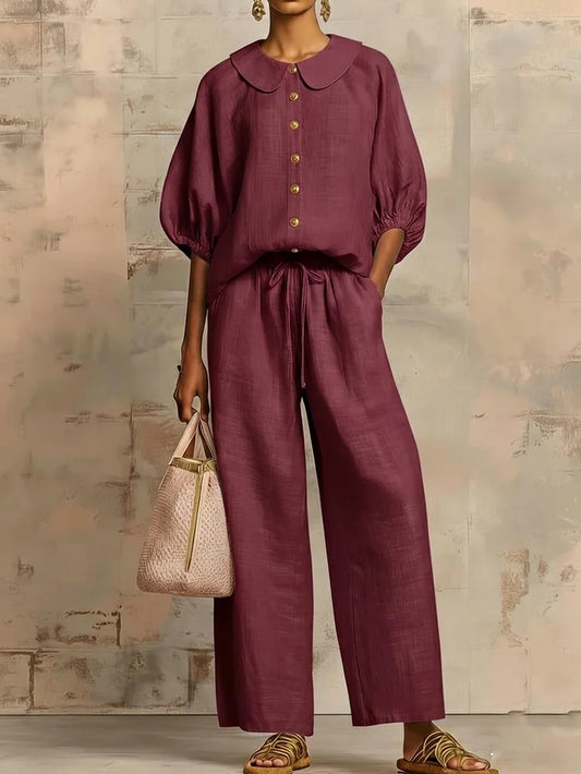 Elegante conjunto de linho de duas peças, composto por camisa e calças de pernas largas