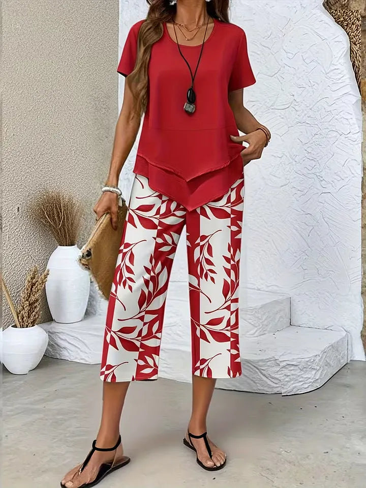 Calças Cropped e Top Estampados para Mulher – Conjunto Casual de Duas Peças
