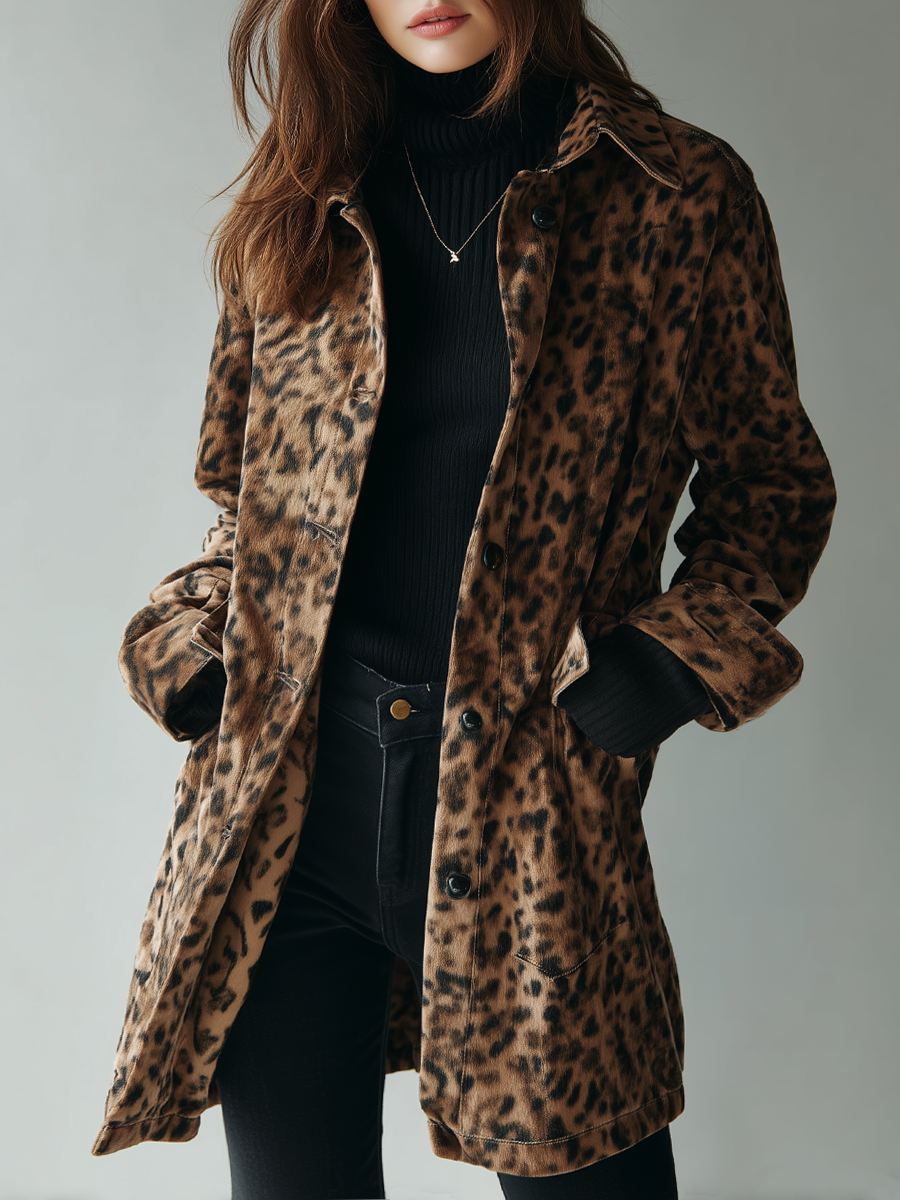 Casaco retro com estampa de leopardo feito de camurça ecológica 2025