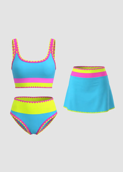 ✨Conjunto de biquíni desportivo de 3 peças em nylon, colorido e de alto contraste
