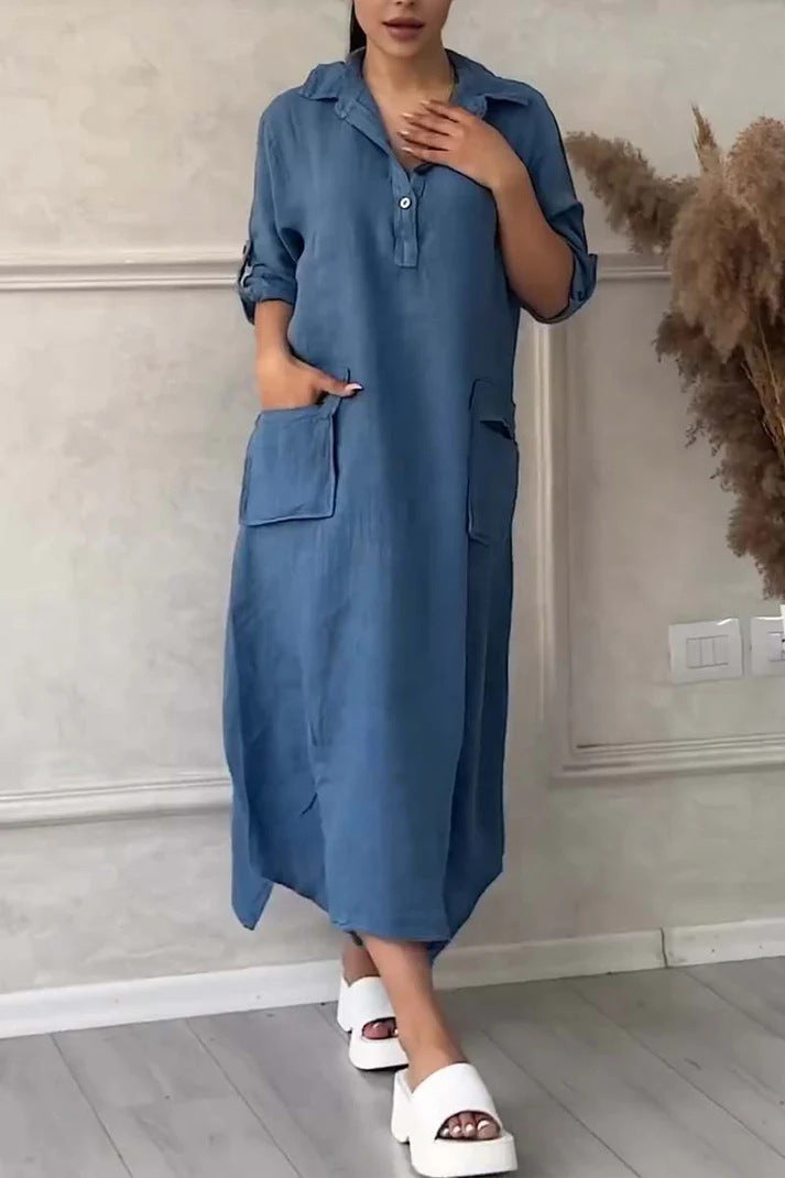 Vestido comprido de senhora em linho e algodão com lapelas