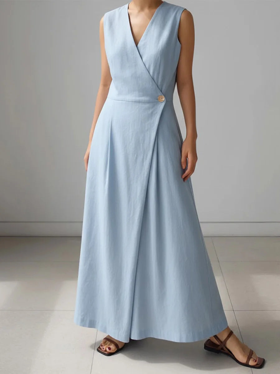Vestido de mulher de linho casual, solto e sem mangas