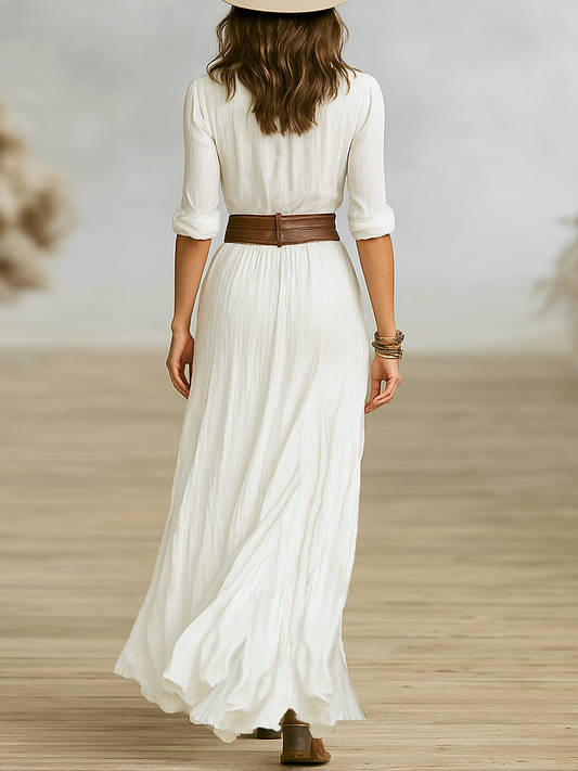 Vestido de senhora de manga comprida, abotoamento simples, em imitação de algodão e linho, com lapela plissada