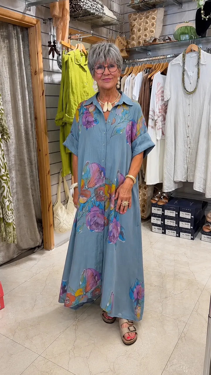Vestido Chemise Maxi Floral em Aquarela