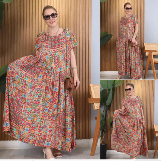 Vestido étnico assimétrico de manga curta [S-5XL]