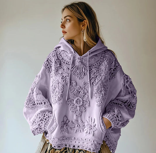 Sweatshirt casual para mulher com capuz e estampa floral bordada