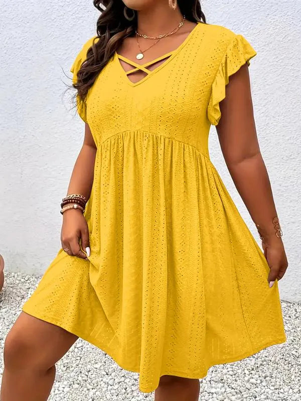 【Plus Size】Vestido Liso com Decote Vazado