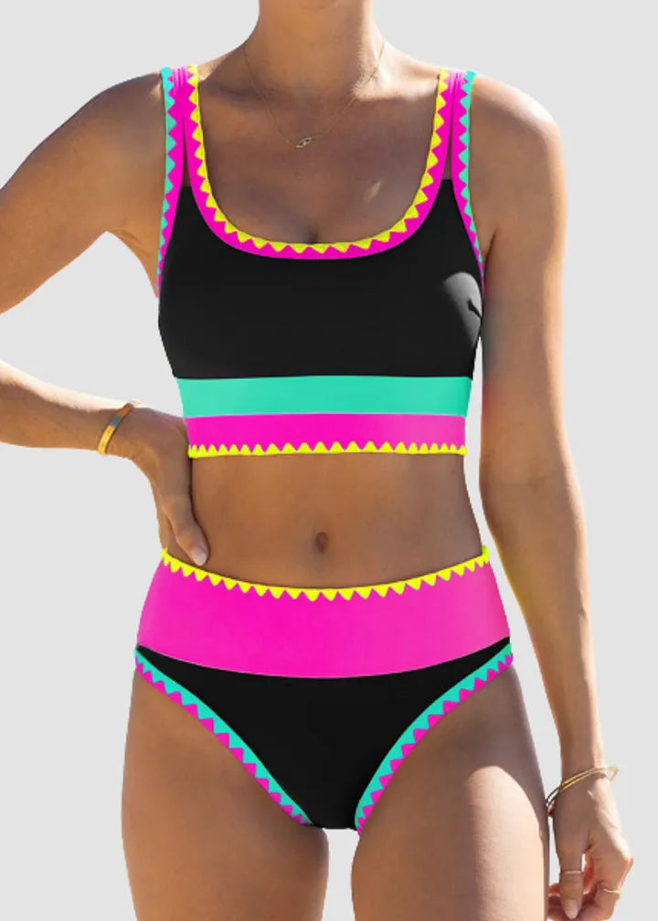 ✨Conjunto de biquíni desportivo de 3 peças em nylon, colorido e de alto contraste