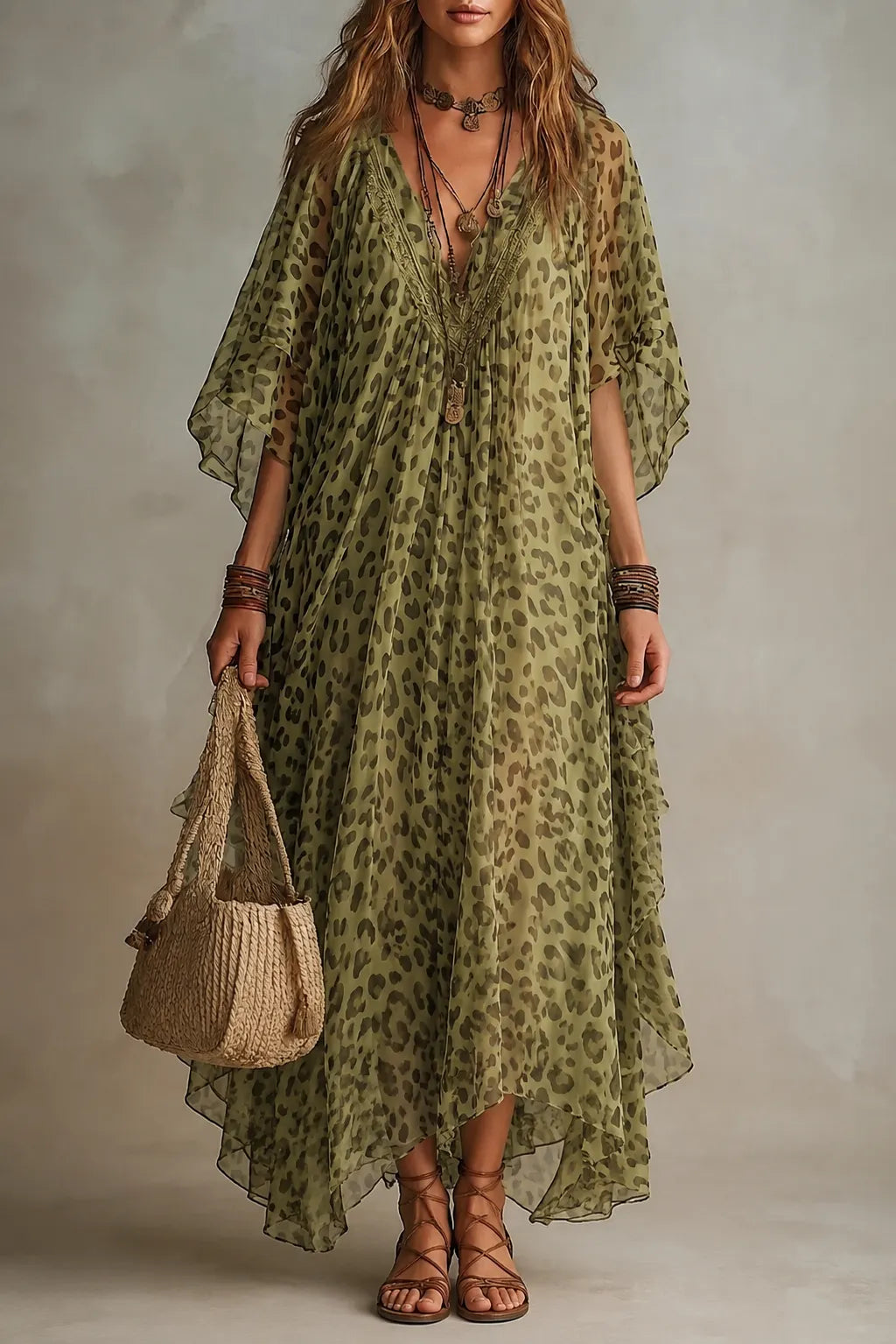 Vestido comprido em chiffon com padrão leopardo, elegante e de corte solto.