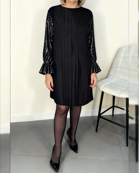 Vestido plissado de cor sólida com mangas à boca de sino