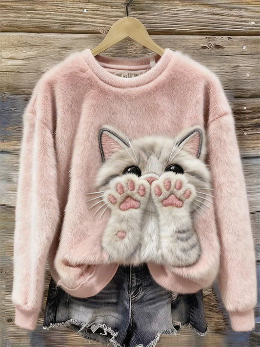 Sweatshirt confortável com estampa fofa de patinha de gato rosa de peluche