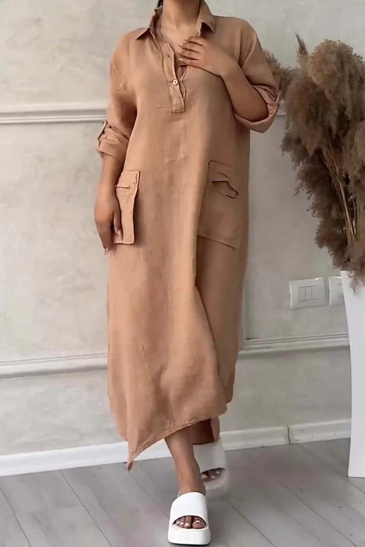 Vestido comprido de senhora em linho e algodão com lapelas