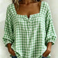 🌸Blusa de Mulher de Manga Curta em Mistura de Algodão e Linho, Estampado Vichy e Decote Quadrado
