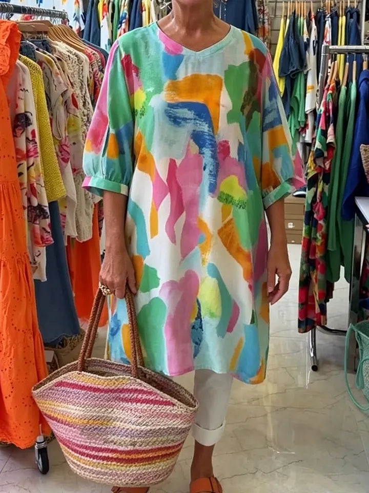Camisa Longa em Algodão e Linho com Estampado Artístico em Aquarela e Decote em V