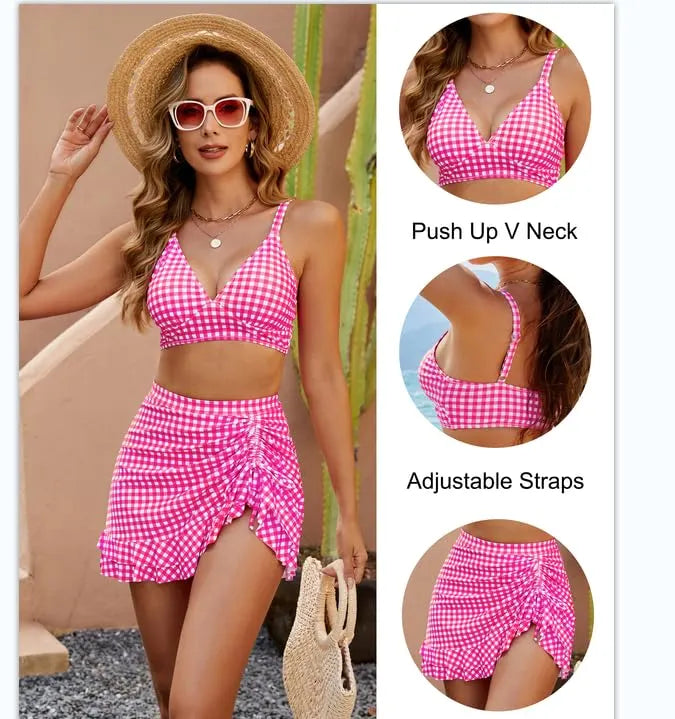 👙Biquíni de mulher de cintura subida com estampado xadrez que modela a barriga
