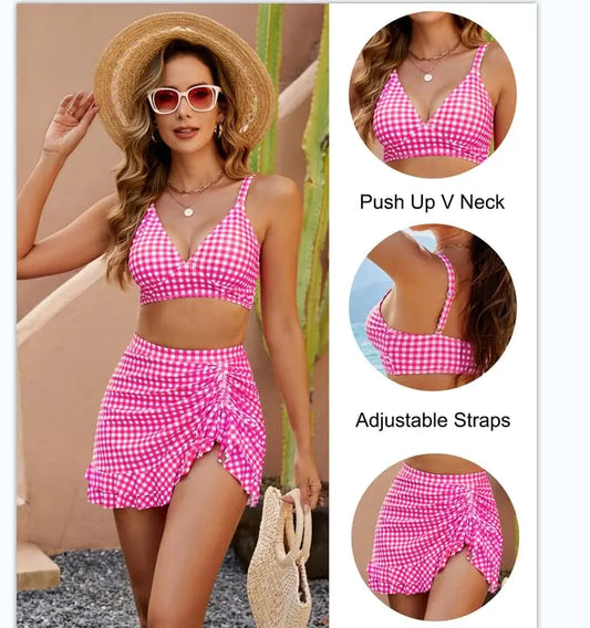 👙Biquíni de mulher de cintura subida com estampado xadrez que modela a barriga