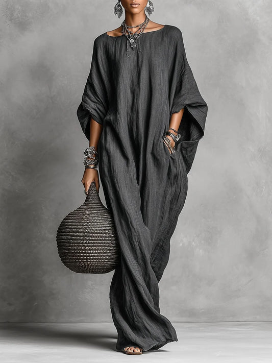 Vestido comprido minimalista e casual sem mangas em algodão e linho