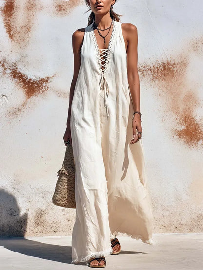 Vestido de senhora em algodão e linho, casual, elegante e confortável, com alças.
