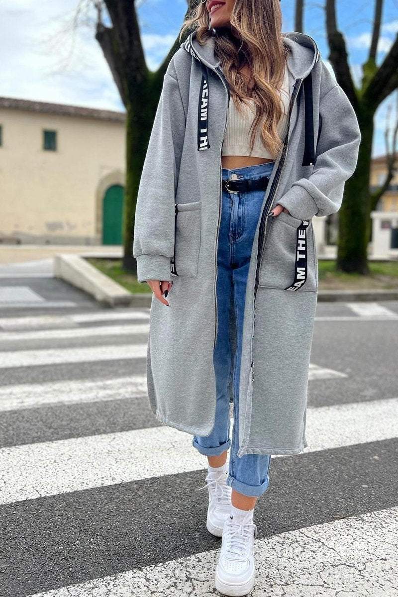 Casaco feminino casual com capuz longo