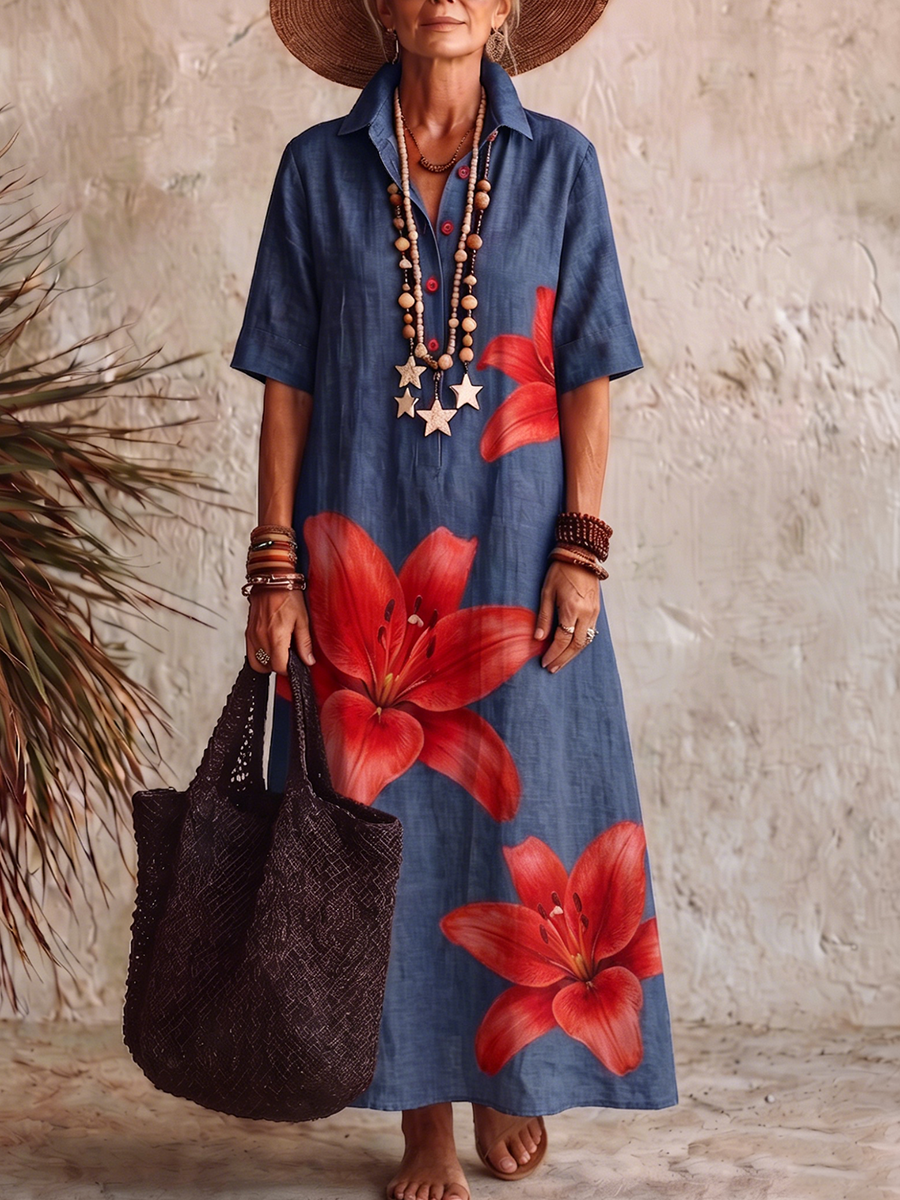 Vestido Polo Casual em Algodão com Estampado de Lírios
