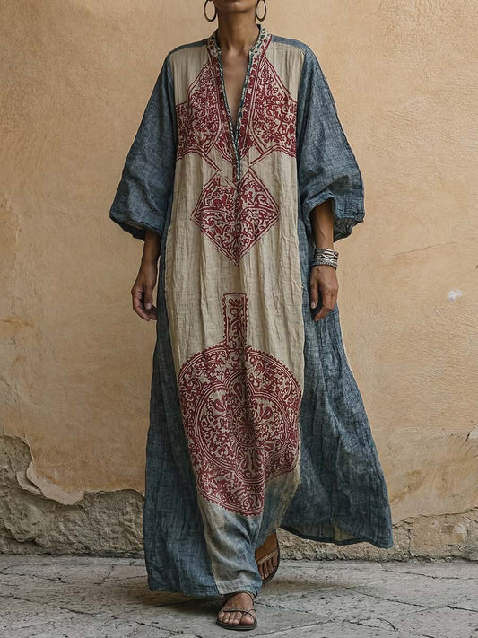 Vestido casual de mulher solto em algodão e linho com estampado vintage, decote em V e mangas 3/4.