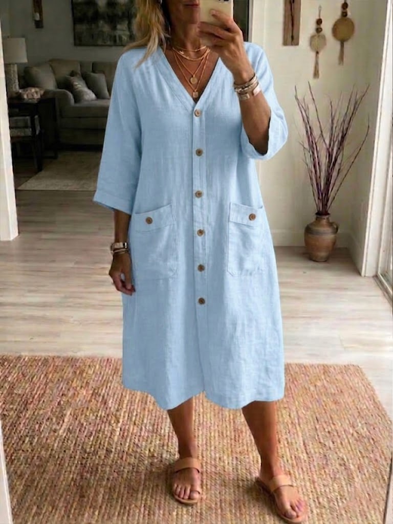 Vestido casual de linho e algodão com botões na frente