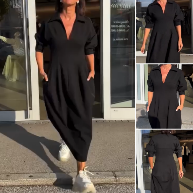 Vestido midi para mulher com decote em V e abas na cintura